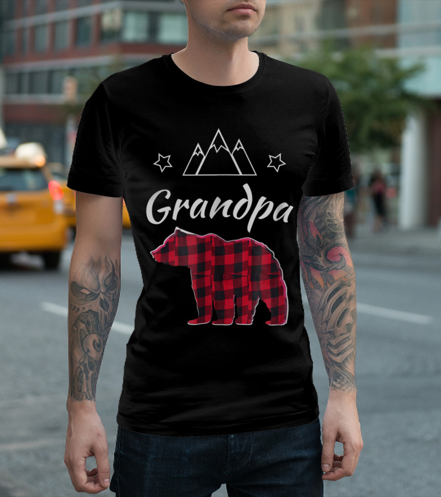 Grandpa Red Buffalo Plaid Bear with Mountain and Stars Elements T-Shirt