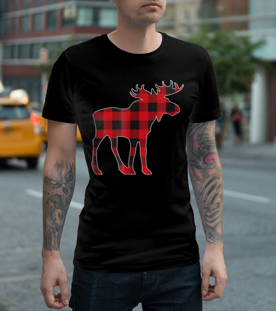 Red Moose Christmas Buffalo Plaid Matching T-Shirt