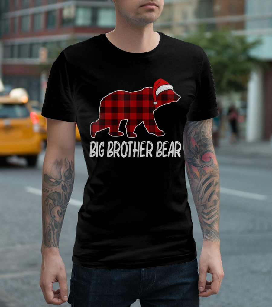 Big Brother Bear Red Plaid Santa Hat T-Shirt