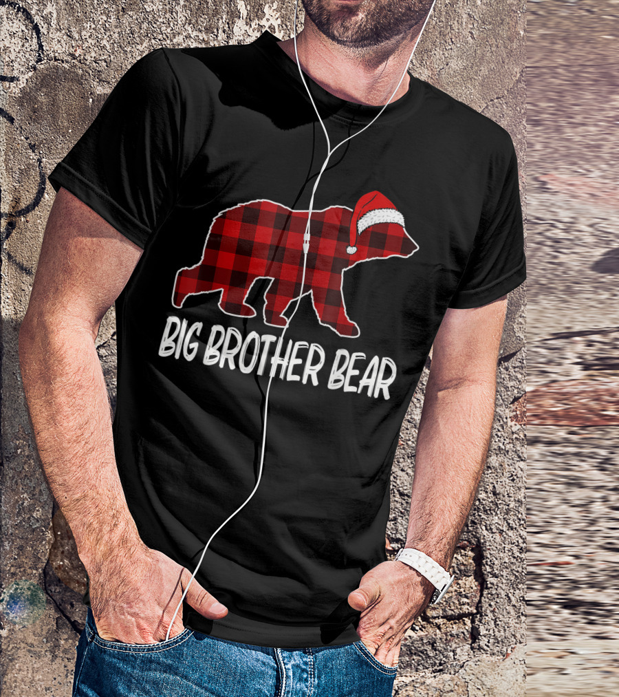 Big Brother Bear Red Plaid Santa Hat T-Shirt