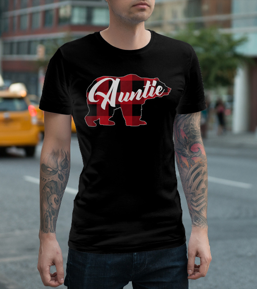Red Plaid Buffalo Bear Auntie Fun T-Shirt