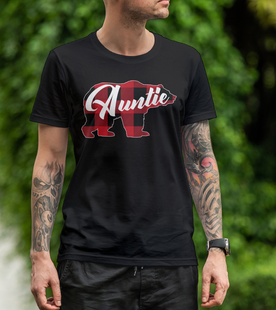 Red Plaid Buffalo Bear Auntie Fun T-Shirt