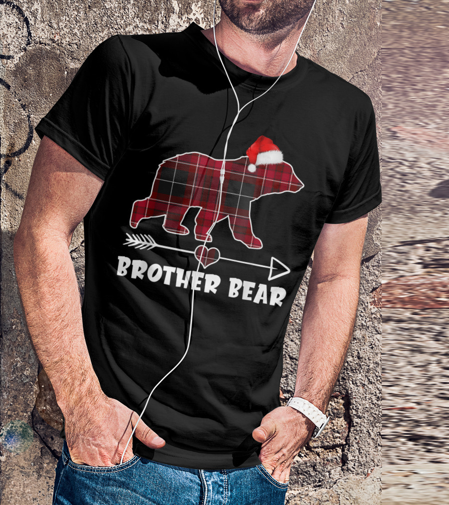 Brother Bear Red Plaid Buffalo Plaid Santa Hat Holiday Arrow Heart T-Shirt