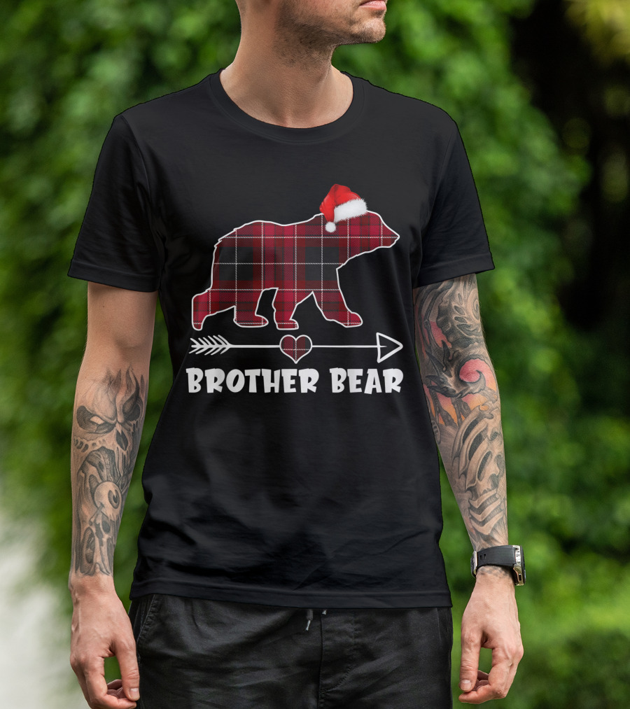 Brother Bear Red Plaid Buffalo Plaid Santa Hat Holiday Arrow Heart T-Shirt