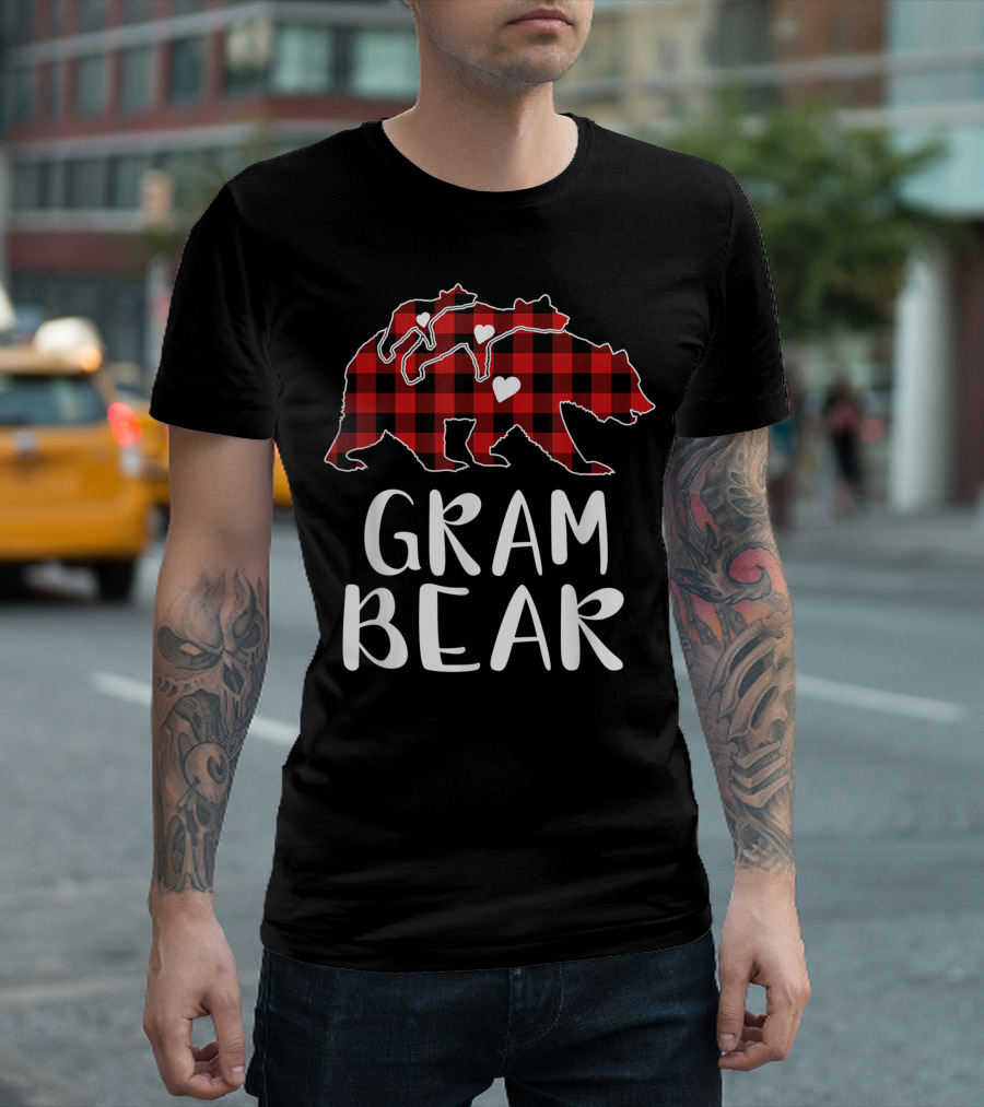 Gram Bear Red Plaid Buffalo Check Hearts T-Shirt