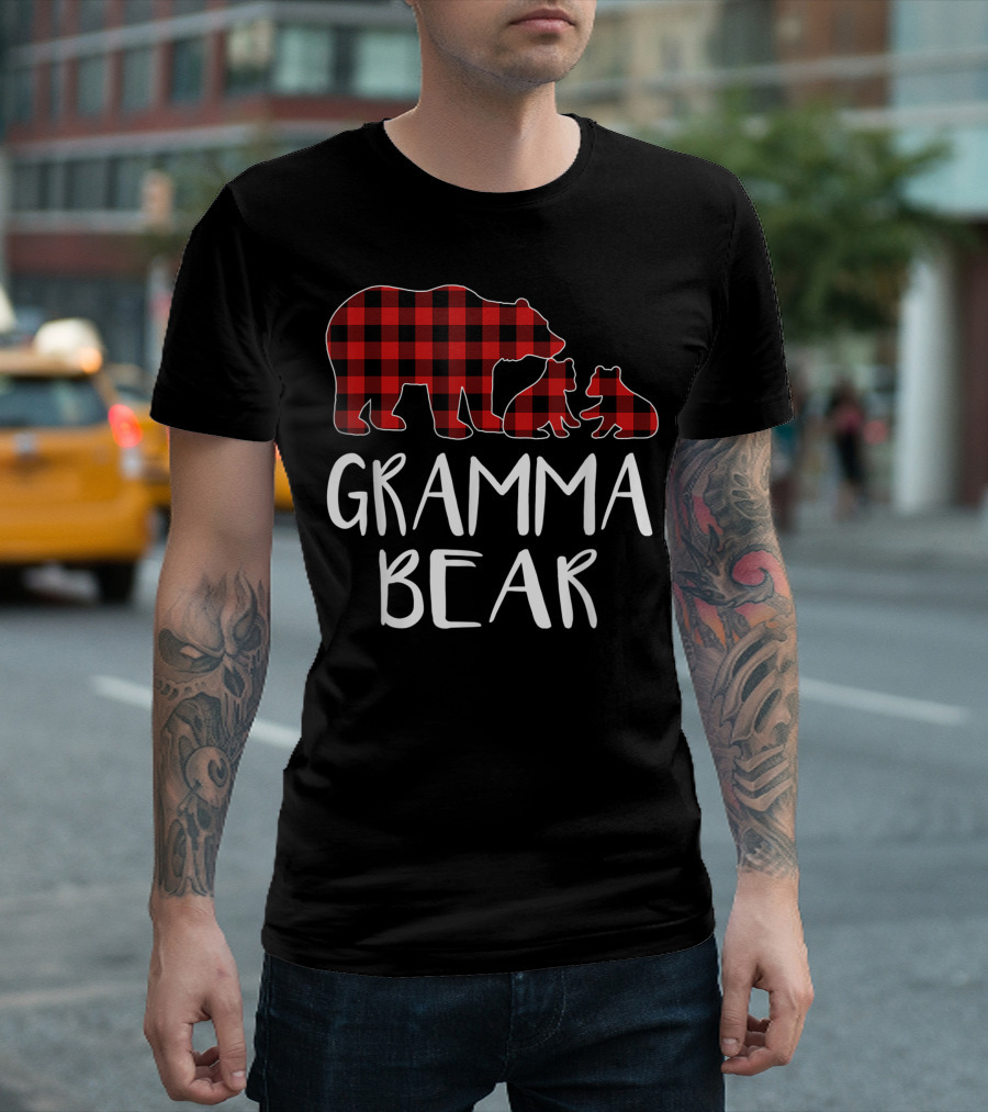 Gramma Bear Two Cubs Red Plaid Buffalo Check Matching T-Shirt