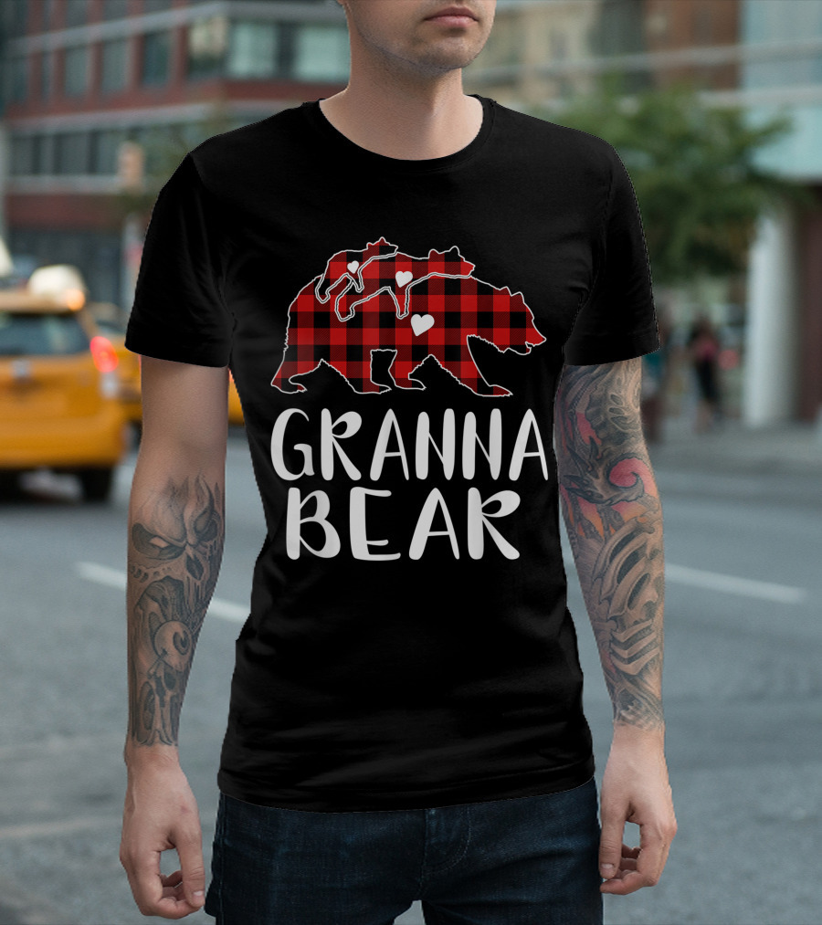 Granna Bear Red Plaid Buffalo Bear Family Hearts T-Shirt