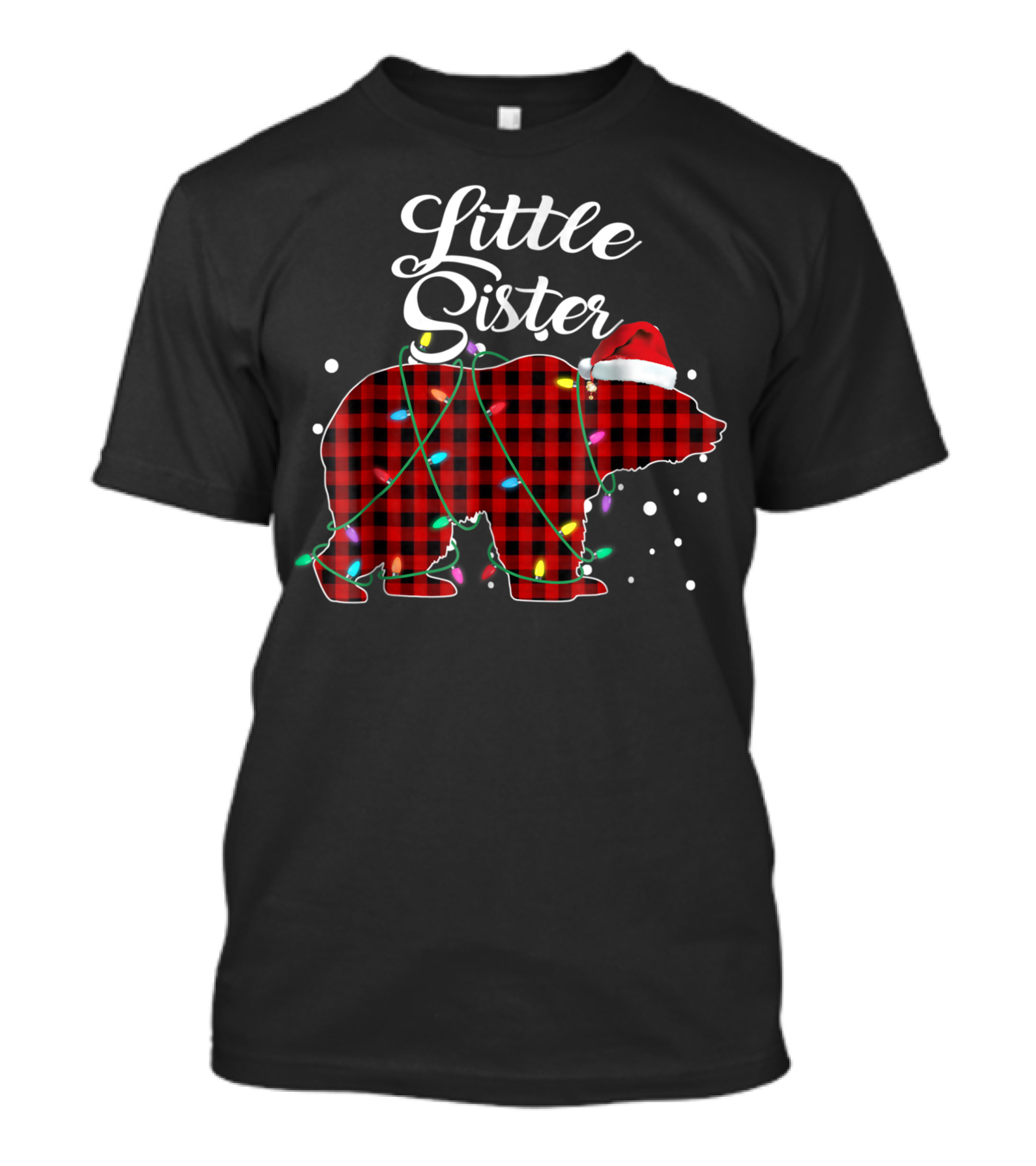 Little Sister Christmas Red Plaid Bear With Santa Hat And Holiday Lights Matching Buffalo T-Shirt