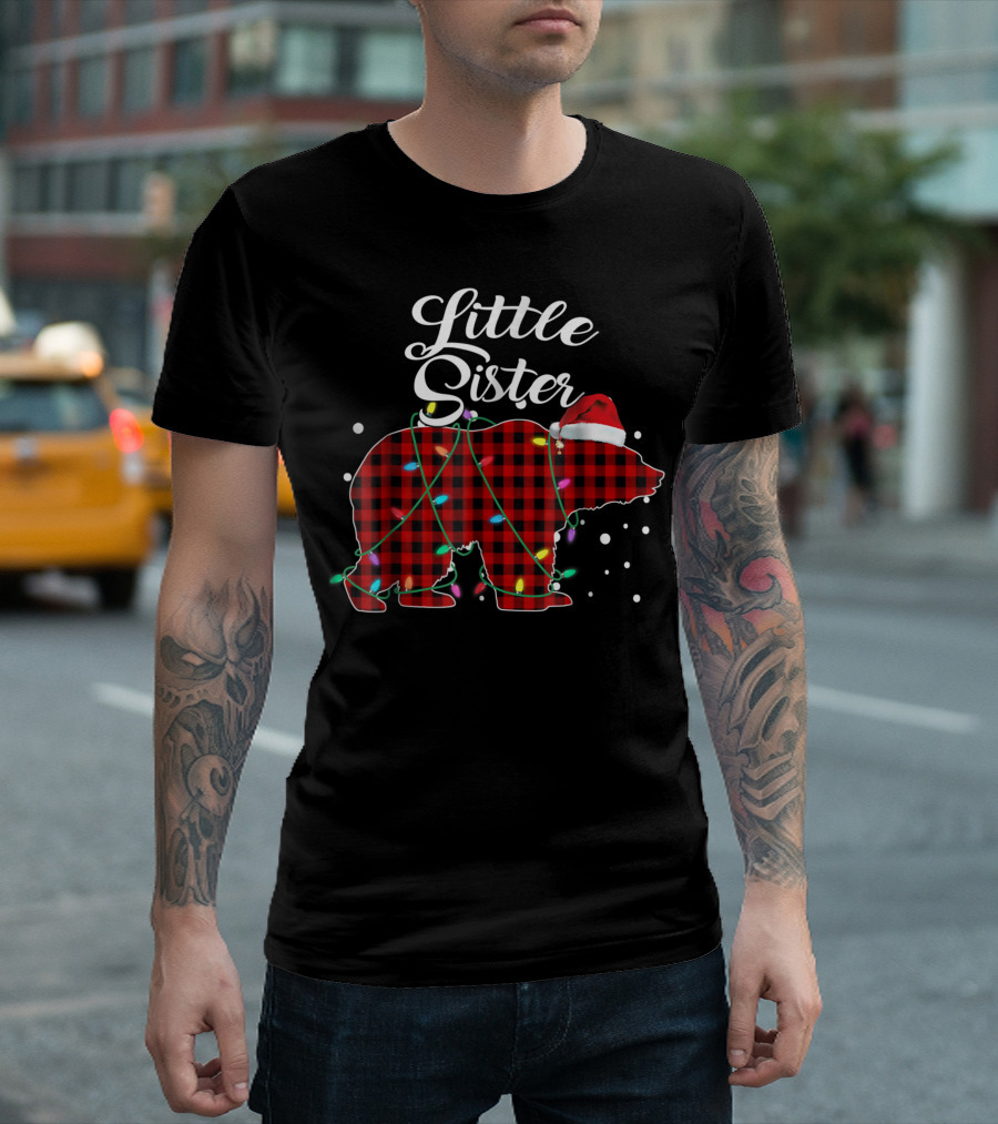Little Sister Christmas Red Plaid Bear With Santa Hat And Holiday Lights Matching Buffalo T-Shirt