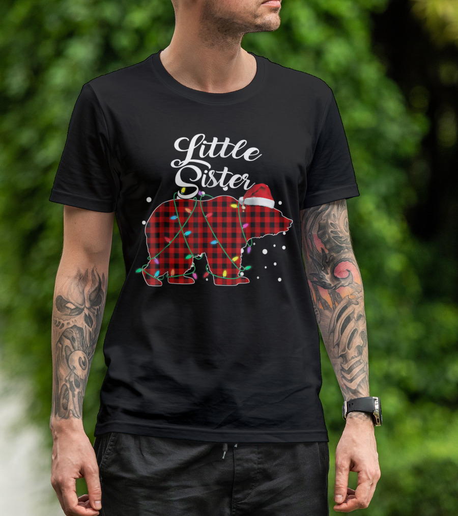 Little Sister Christmas Red Plaid Bear With Santa Hat And Holiday Lights Matching Buffalo T-Shirt