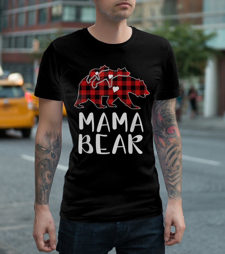 Mama Bear Red Plaid Buffalo Check Hearts T-Shirt