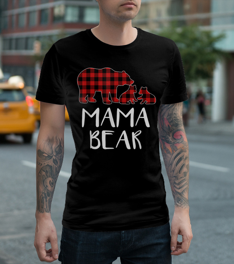 Mama Bear Red Plaid With Two Cubs Buffalo Check Matching T-Shirt