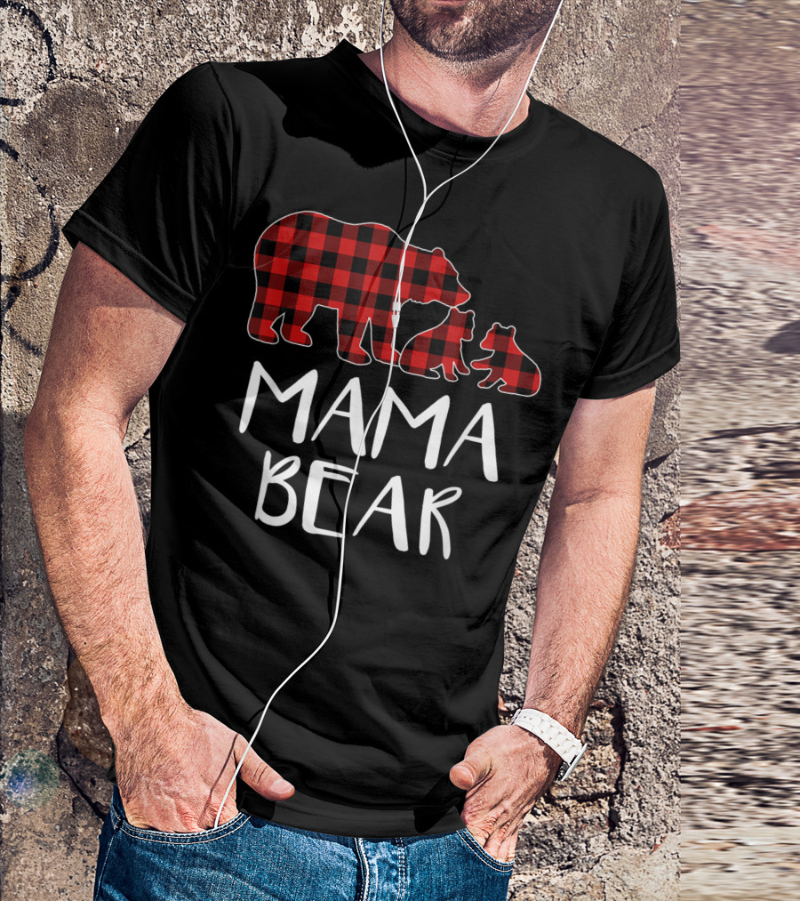 Mama Bear Red Plaid With Two Cubs Buffalo Check Matching T-Shirt