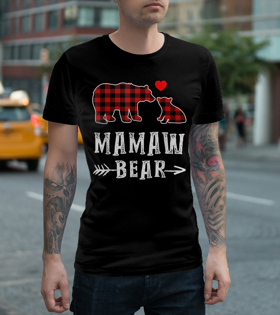Mamaw Bear Red Plaid Buffalo Heart One Cub Matching T-Shirt