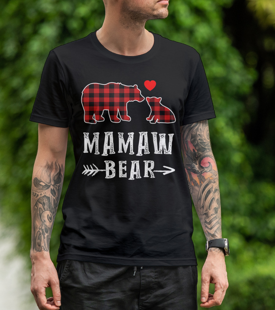 Mamaw Bear Red Plaid Buffalo Heart One Cub Matching T-Shirt