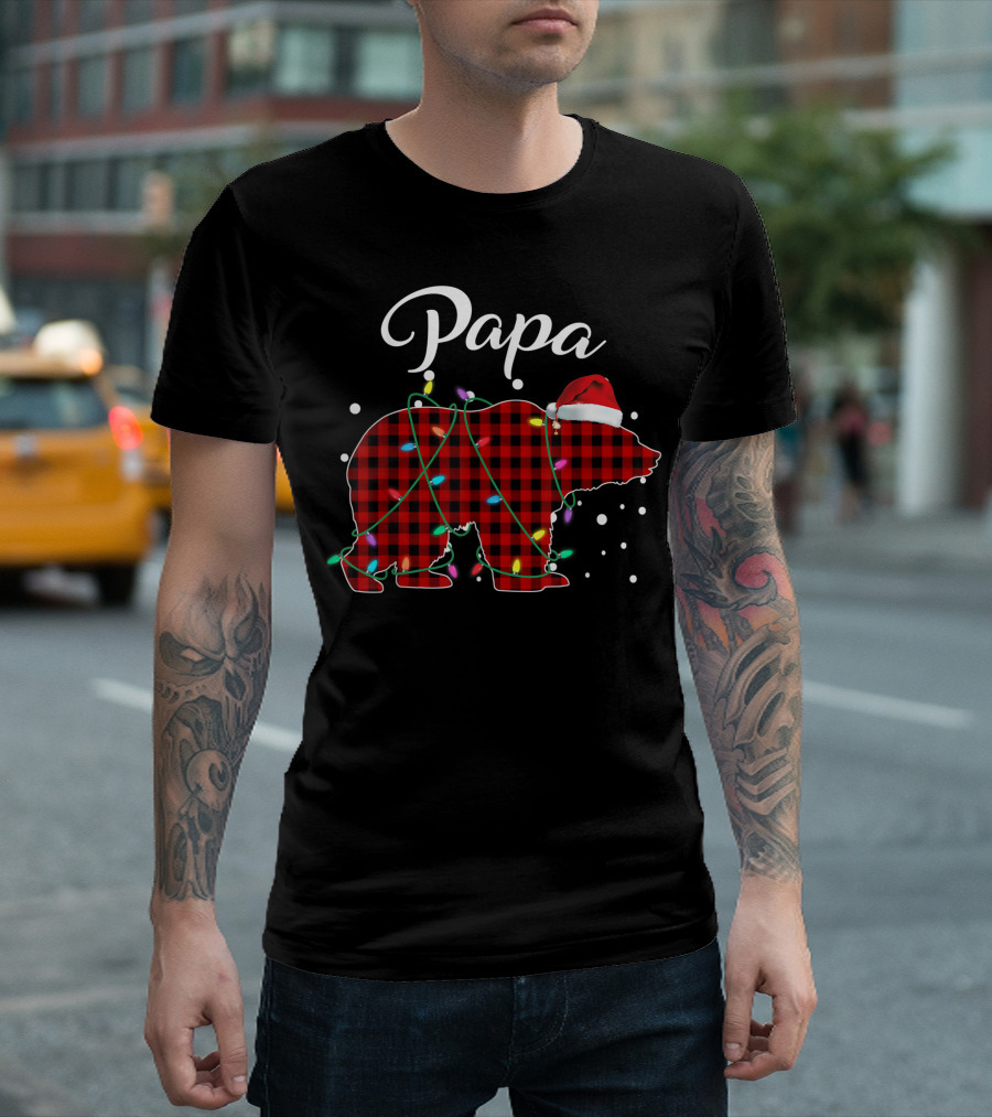 Papa Bear Red Plaid Buffalo Christmas Lights Santa Hat T-Shirt