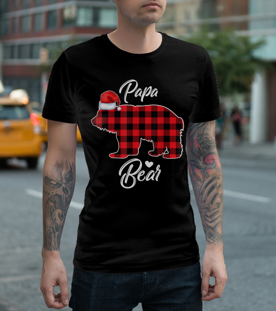 Papa Bear Red Plaid Buffalo Check Family Christmas Santa Hat Matching T-Shirt