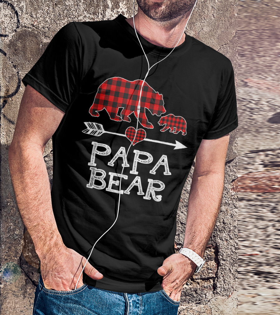Red Plaid Papa Bear One Cub Heart Arrow Buffalo Matching T-Shirt