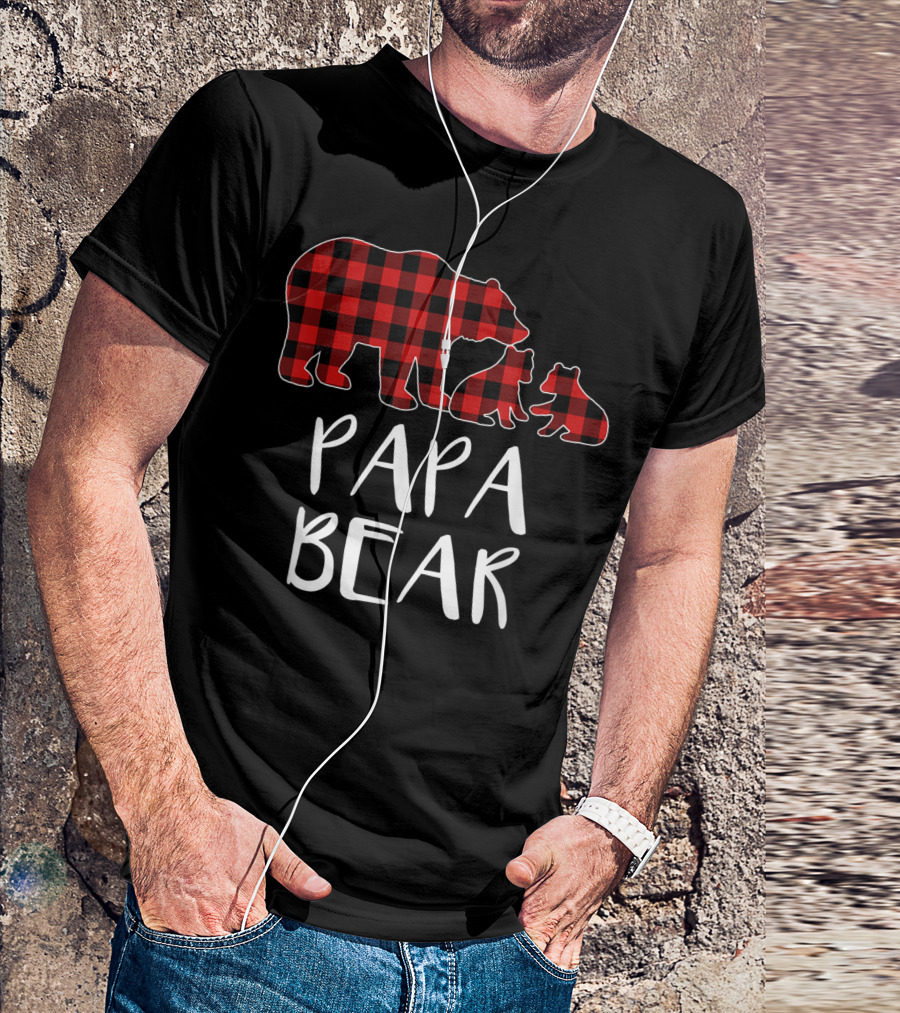 Papa Bear Red Plaid Buffalo Two Cubs Matching T-Shirt