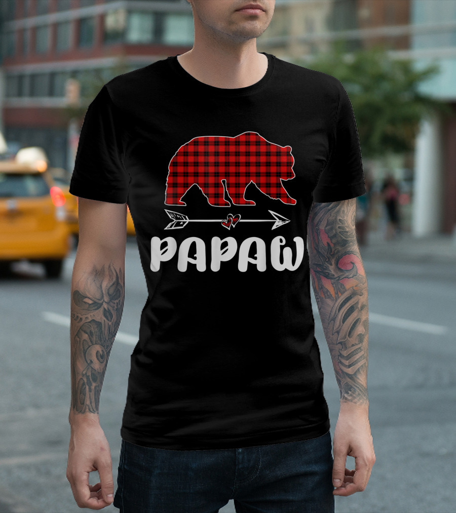 Red Plaid Bear Papaw Christmas Arrow Heart T-Shirt