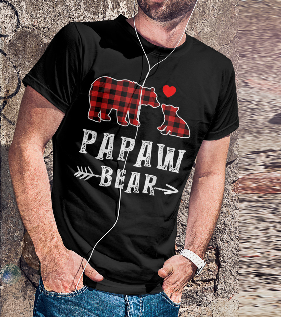 Red Plaid Papaw Bear With Cub And Heart T-Shirt