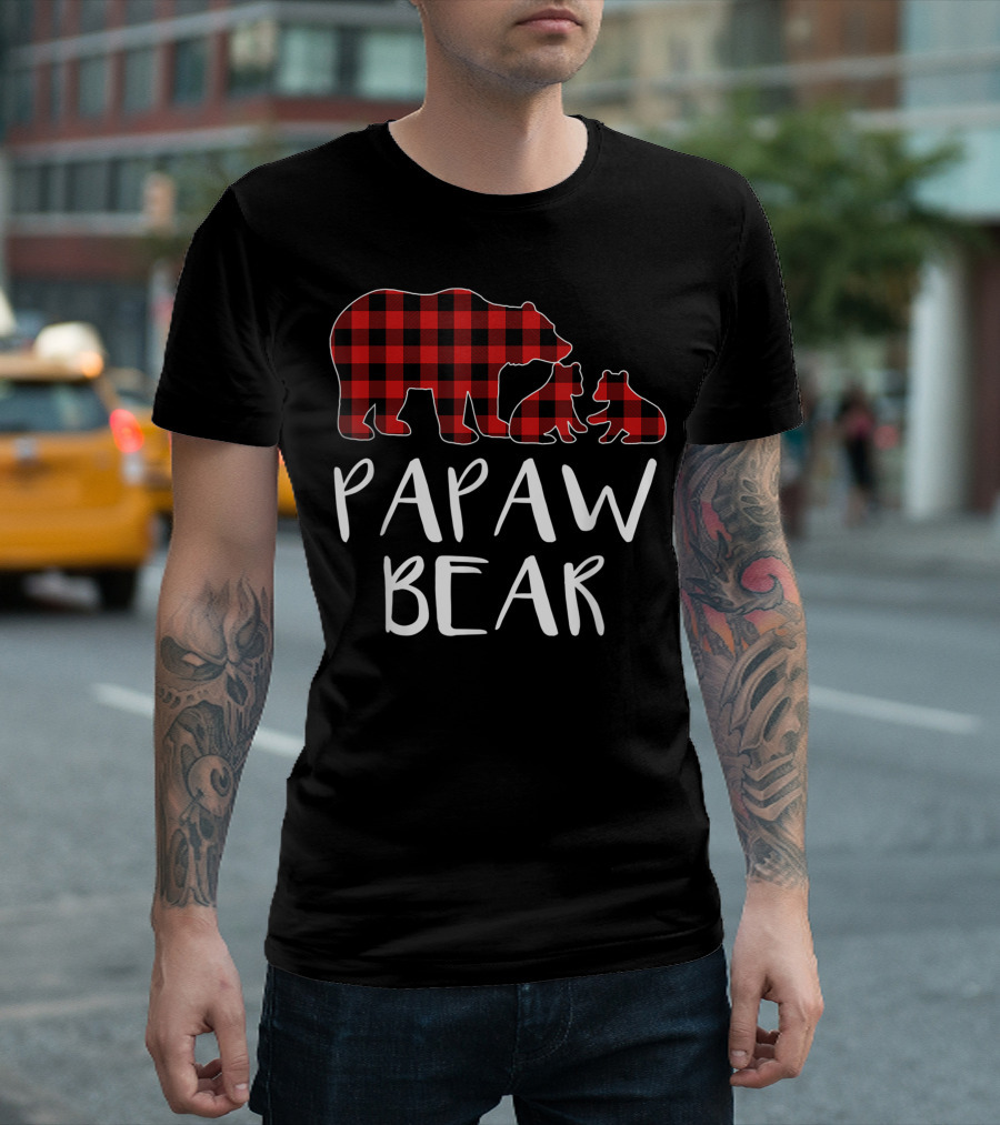 Red Plaid Papaw Bear with Two Cubs Matching Buffalo T-Shirt
