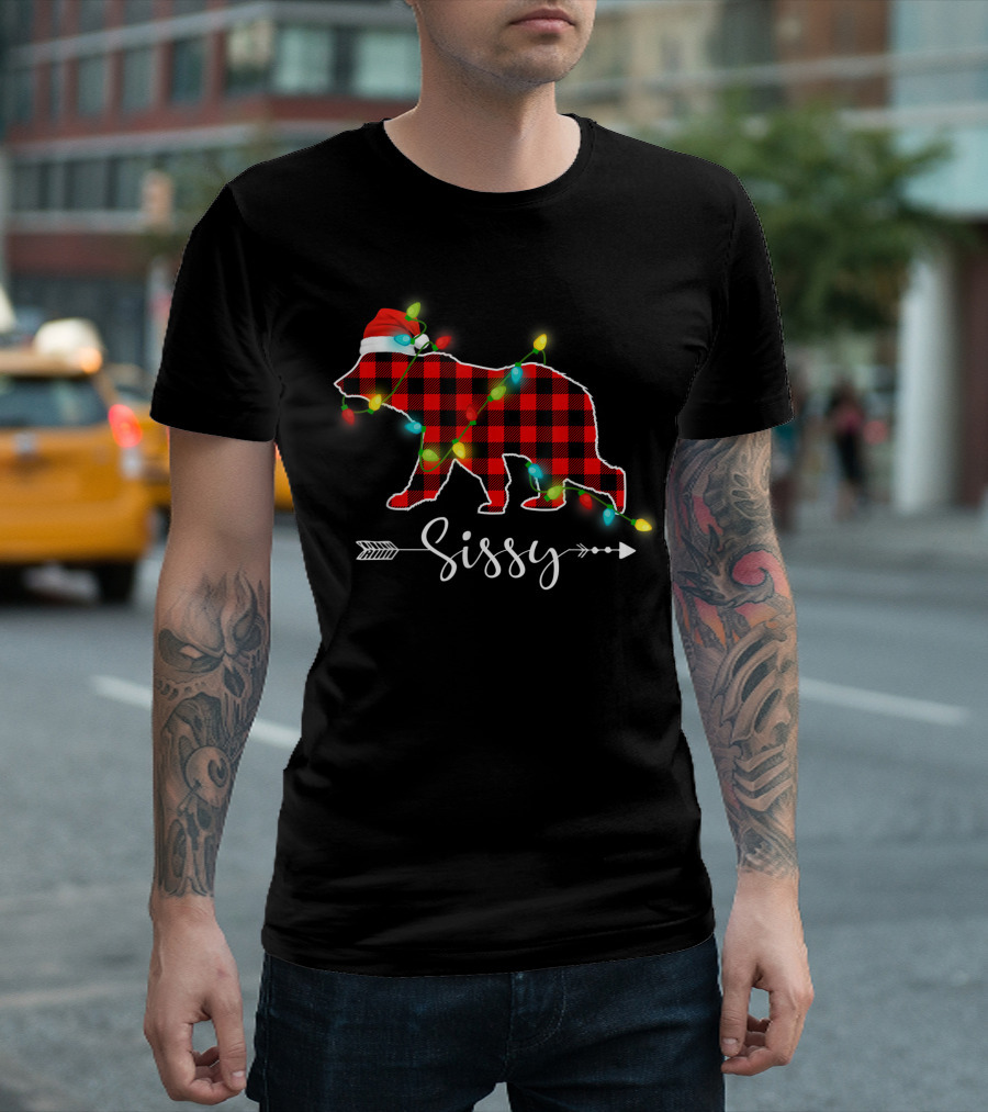 Sissy Bear Red Plaid Christmas Lights Santa Hat Buffalo Family T-Shirt