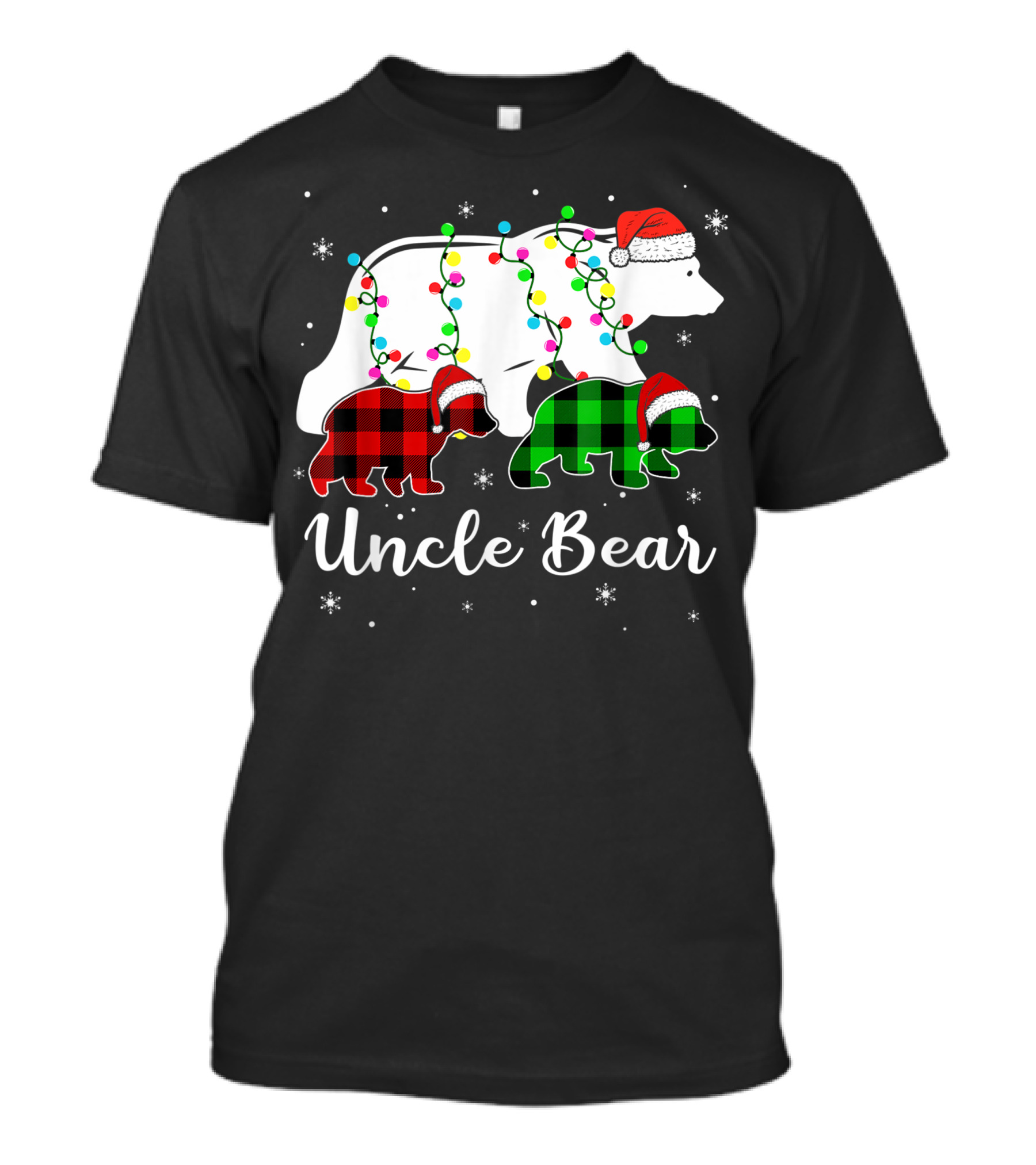 Uncle Bear Christmas Lights Red Plaid Green Plaid Santa Hats T-Shirt