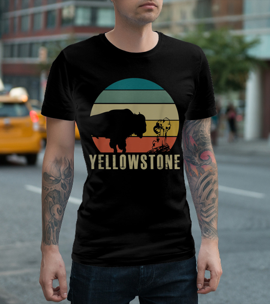 Yellowstone National Park Retro Buffalo and Geyser Vintage Stripes T-Shirt