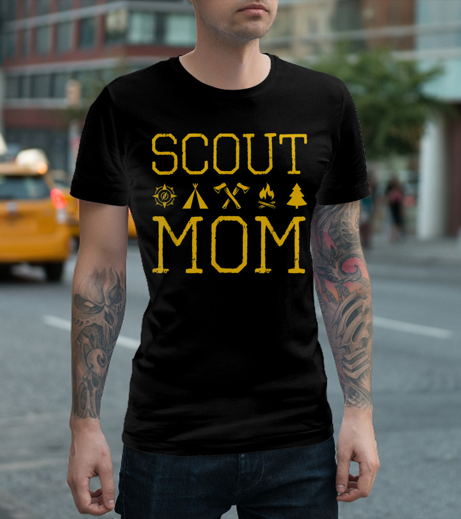 Scout Mom Campfire Axes Tent Pine Tree Badge Adventure T-Shirt