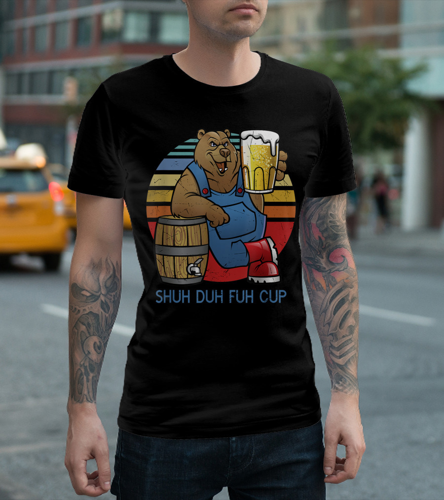 SHUH DUH FUH CUP Great Beer Drinking Bear in Overalls with Retro Stripes and Barrel Boots T-Shirt