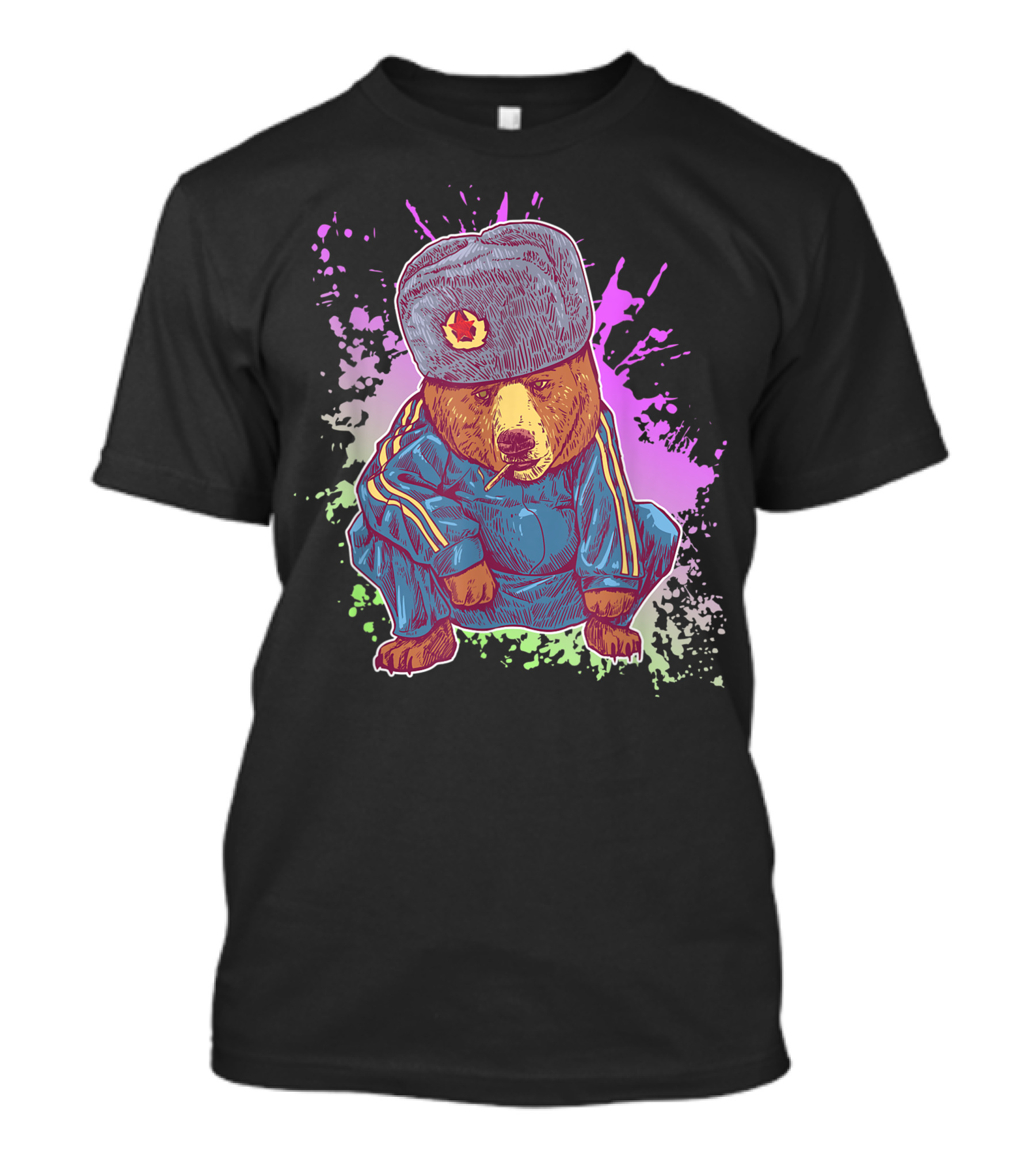 Siberian Bear In Tracksuit Performing Iconic Russian Squat With Ushanka Hat T-Shirt