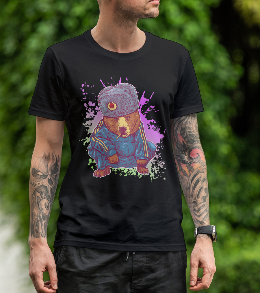 Siberian Bear In Tracksuit Performing Iconic Russian Squat With Ushanka Hat T-Shirt
