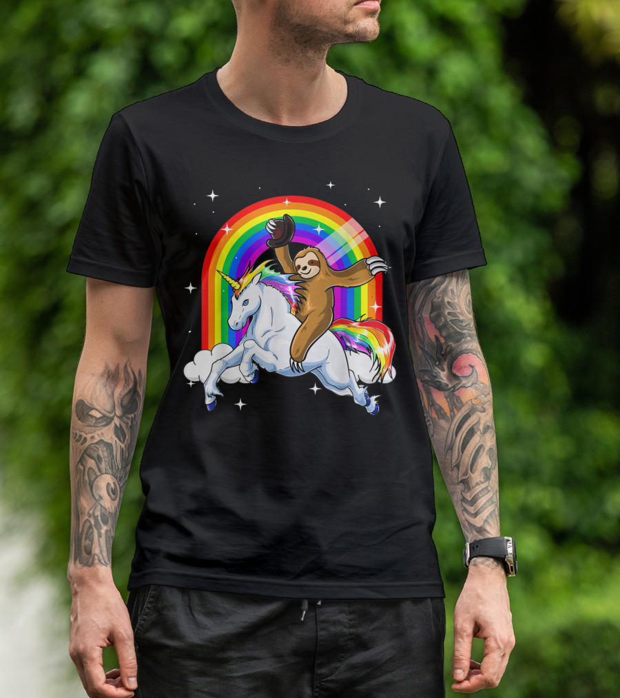 Slothicorn Riding Unicorn Rainbow Fantasy T-Shirt