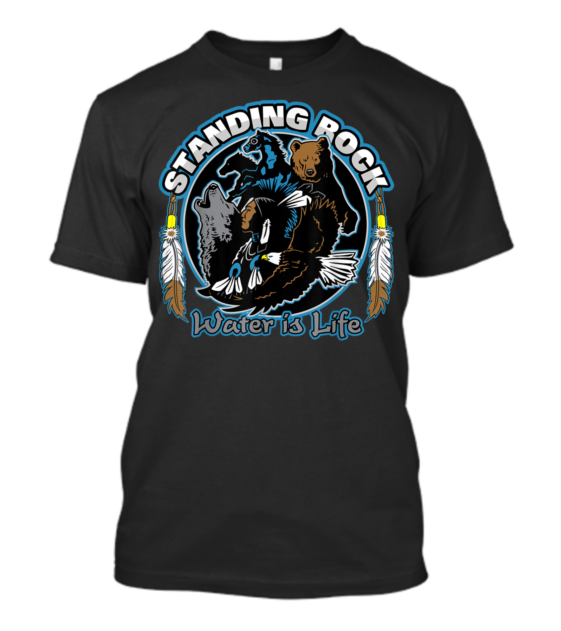 Standing Rock Water Is Life Wolf Bear Horse Eagle Feathers T-Shirt