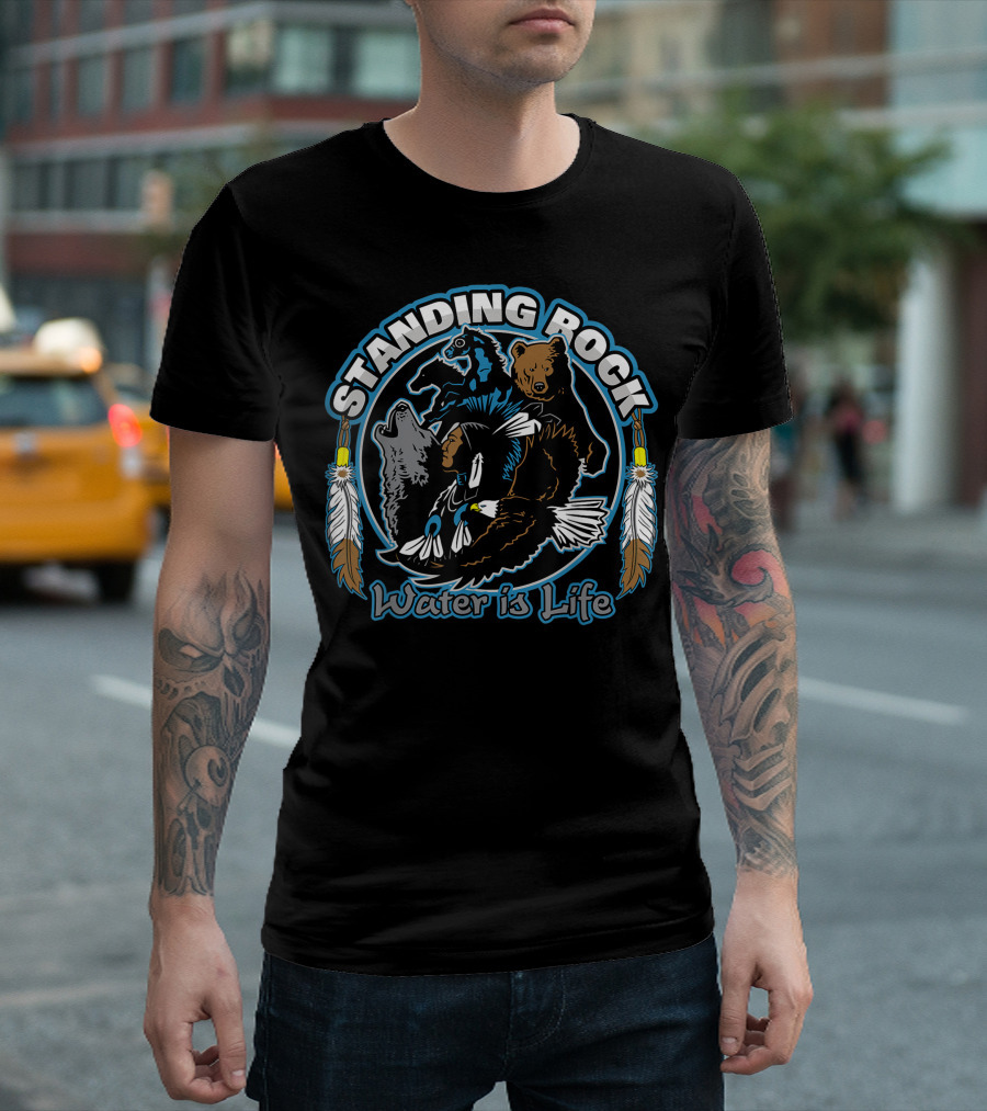 Standing Rock Water Is Life Wolf Bear Horse Eagle Feathers T-Shirt