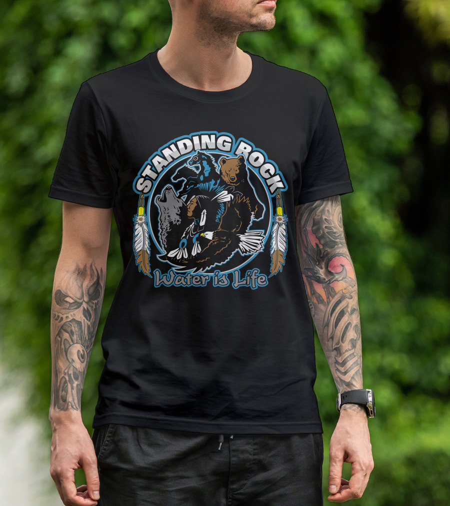 Standing Rock Water Is Life Wolf Bear Horse Eagle Feathers T-Shirt