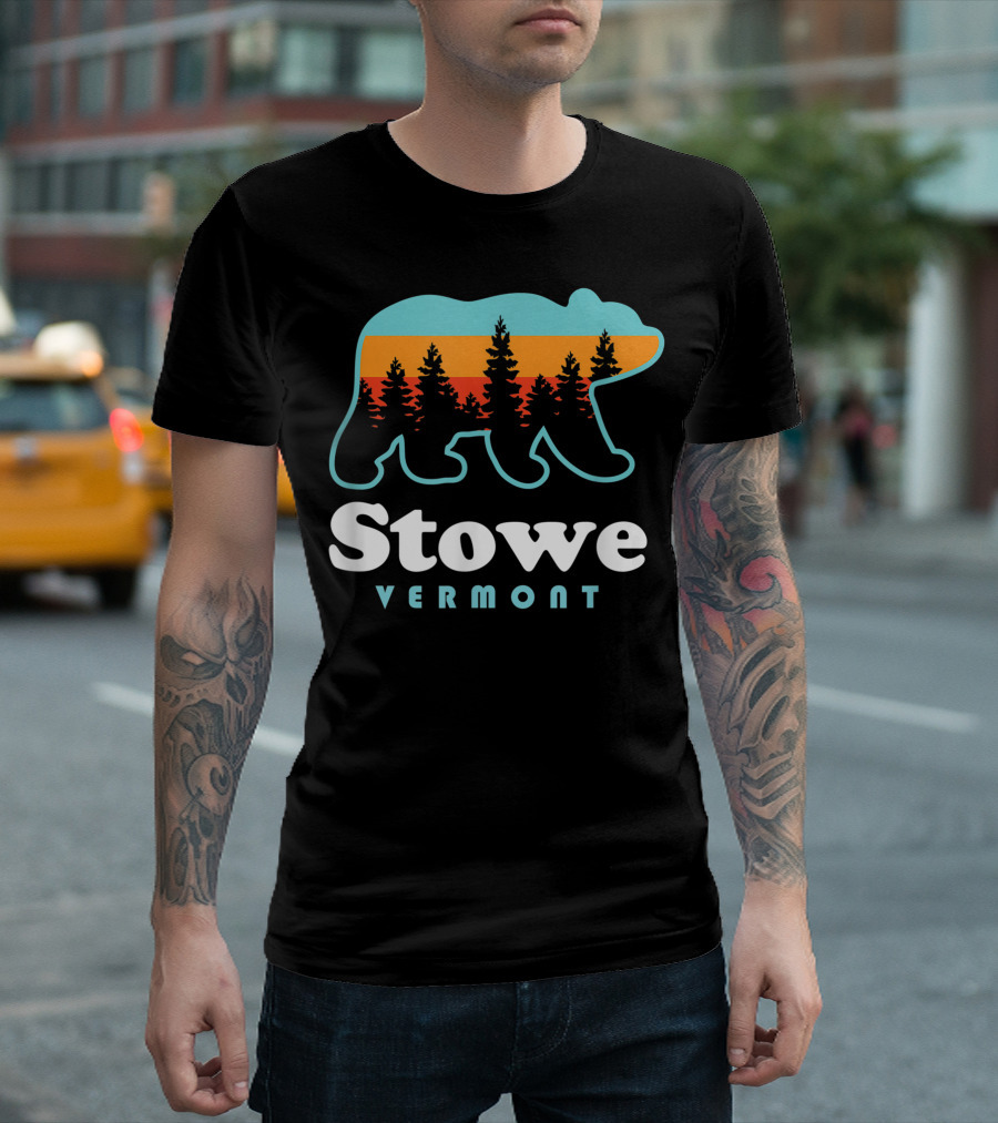 Stowe Vermont Bear Silhouette With Colorful Tree Background T-Shirt
