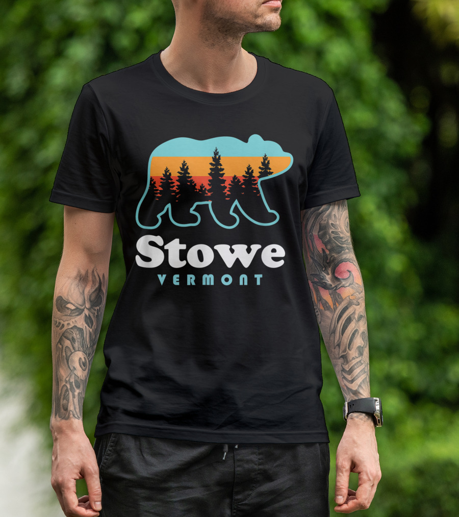 Stowe Vermont Bear Silhouette With Colorful Tree Background T-Shirt