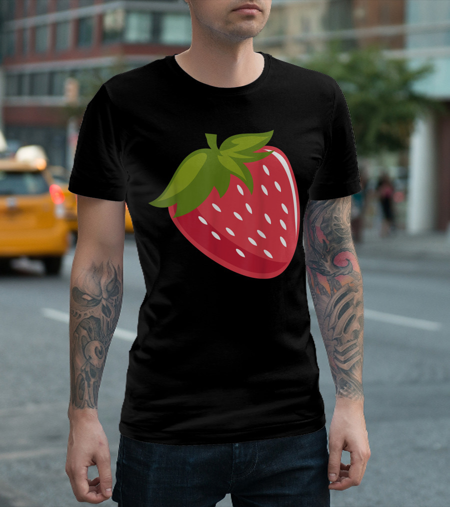Strawberry Fruit Icon Vibrant Red Seeded Berry with Green Leaves T-Shirt