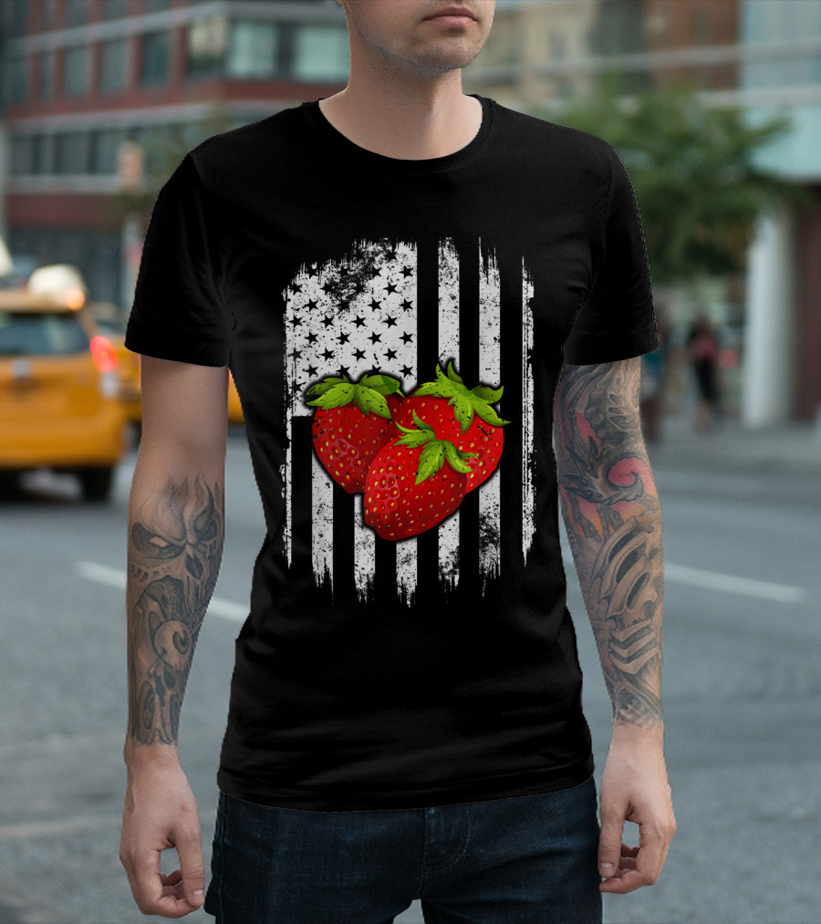 Strawberry Trio with Distressed American Flag Background T-Shirt