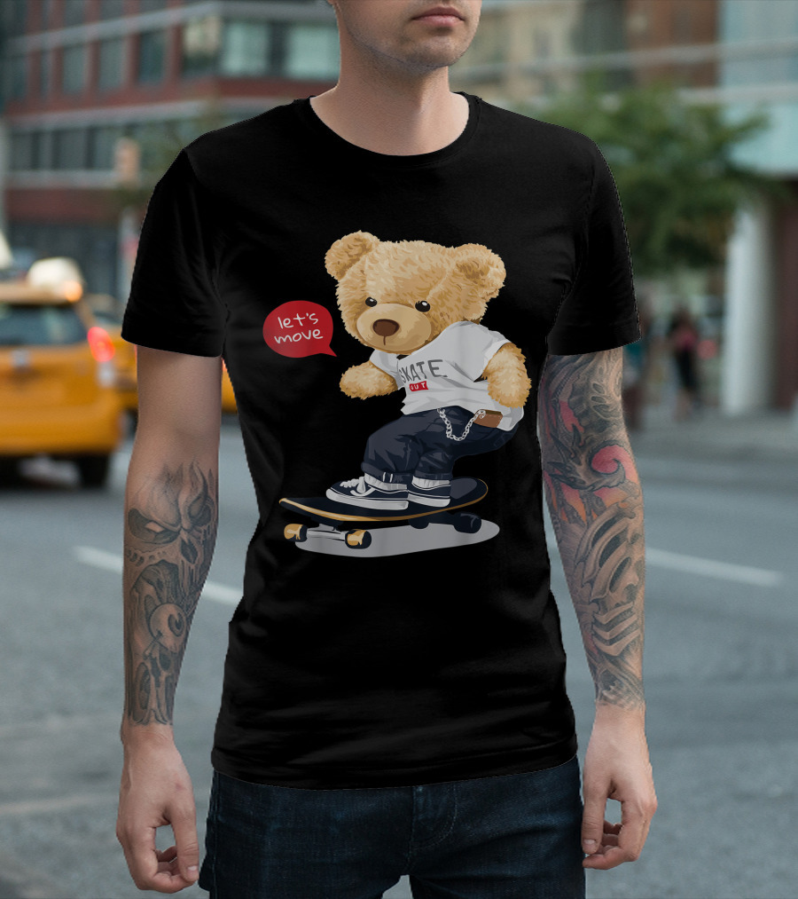 Teddy Bear Skateboarding Let's Move Cute Cartoon Skater T-Shirt