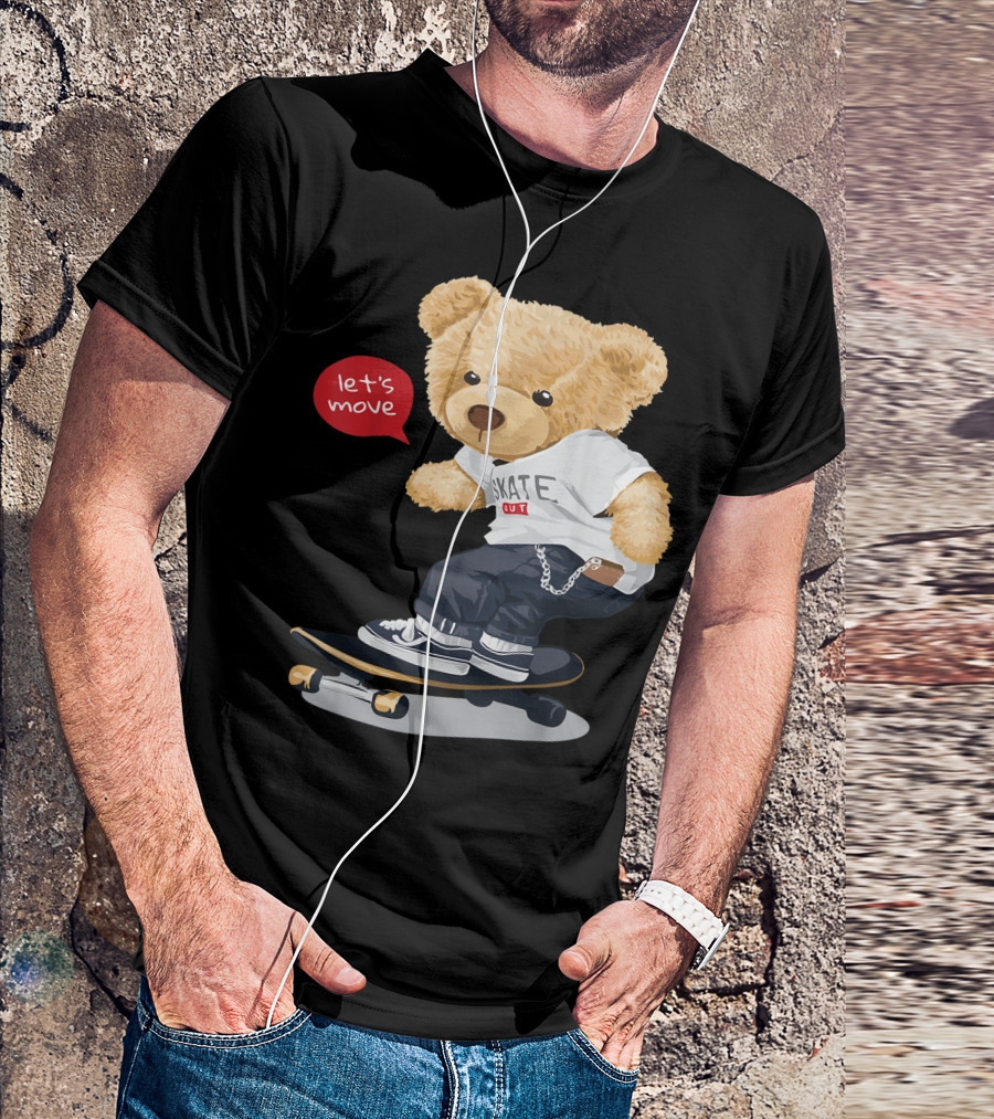 Teddy Bear Skateboarding Let's Move Cute Cartoon Skater T-Shirt