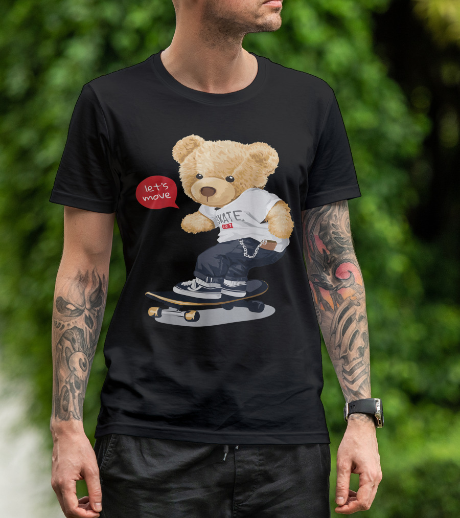 Teddy Bear Skateboarding Let's Move Cute Cartoon Skater T-Shirt