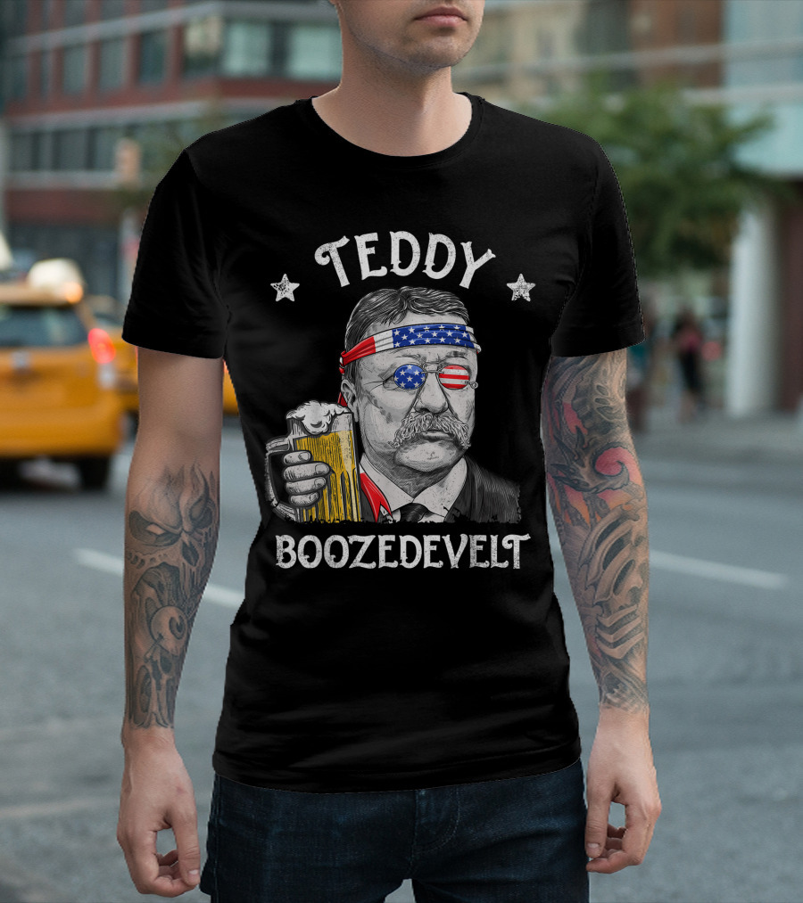 Teddy Boozedevelt American Flag 4th of July Beer Party T-Shirt
