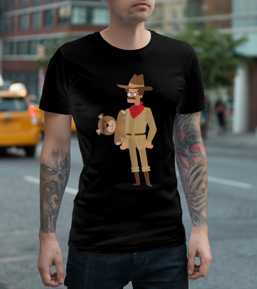Teddy Roosevelt Holding Teddy Bear Retro Cartoon T-Shirt