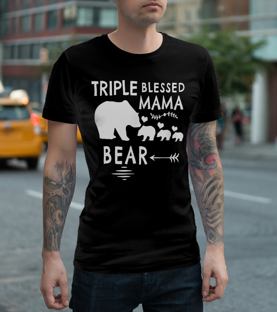 Triple Blessed Mama Bear With Three Hearts and Arrows T-Shirt