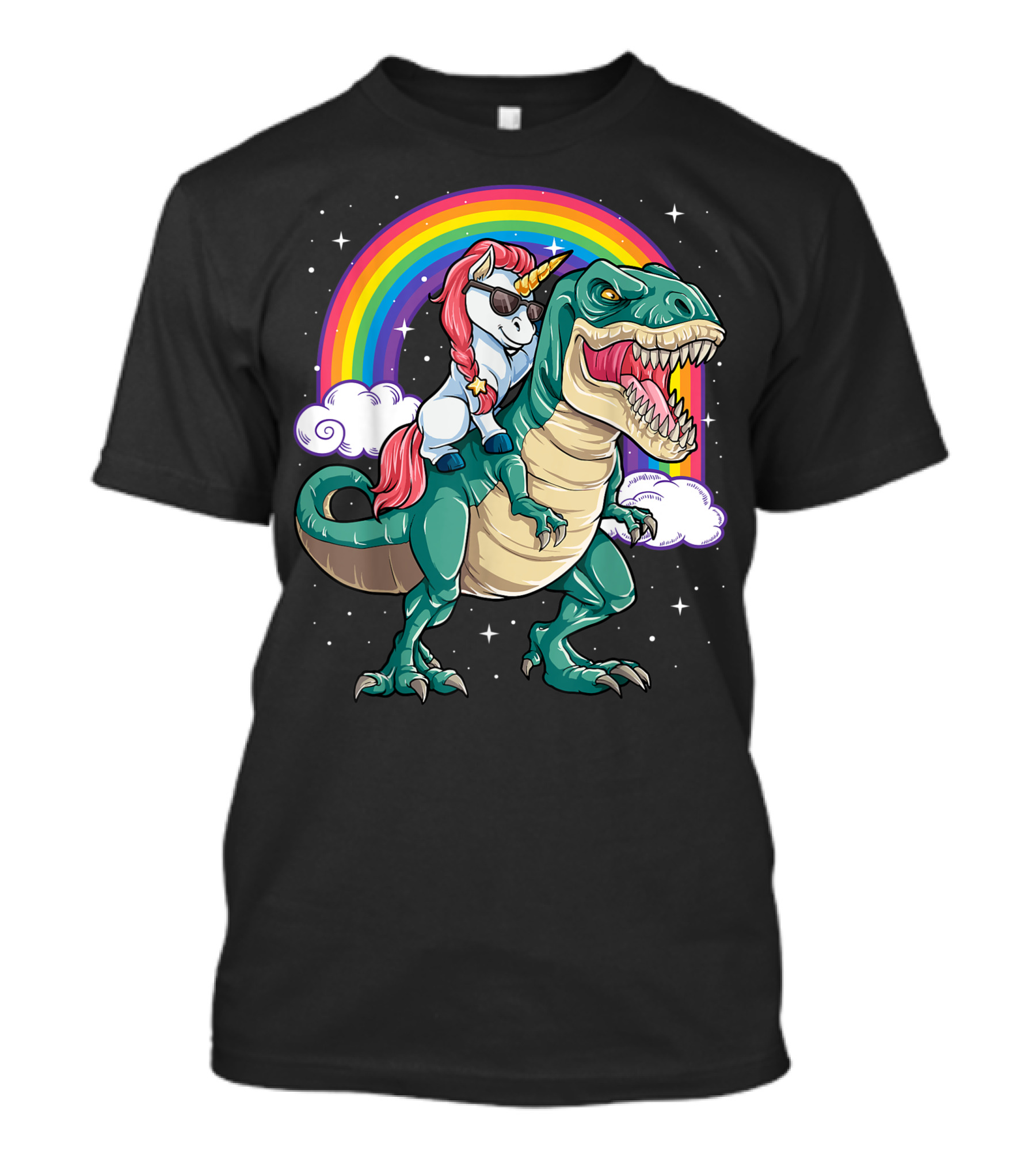 Unicorn Riding Dinosaur Rex With Rainbow And Clouds T-Shirt
