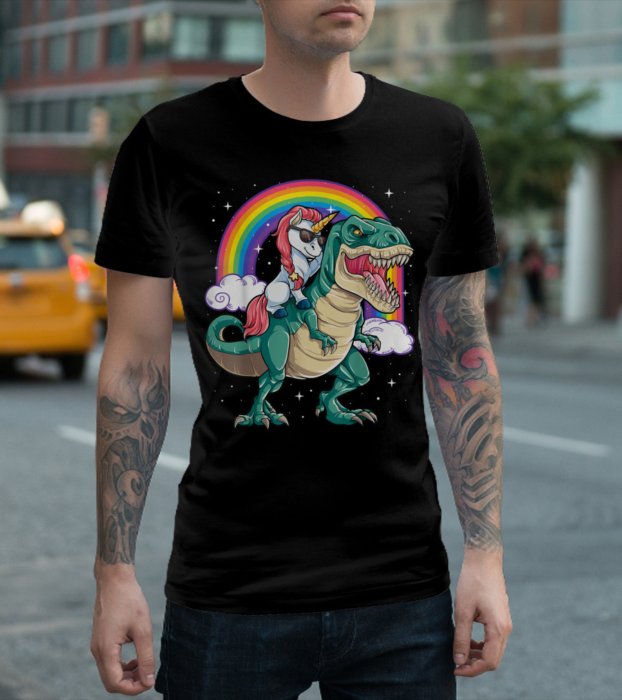 Unicorn Riding Dinosaur Rex With Rainbow And Clouds T-Shirt