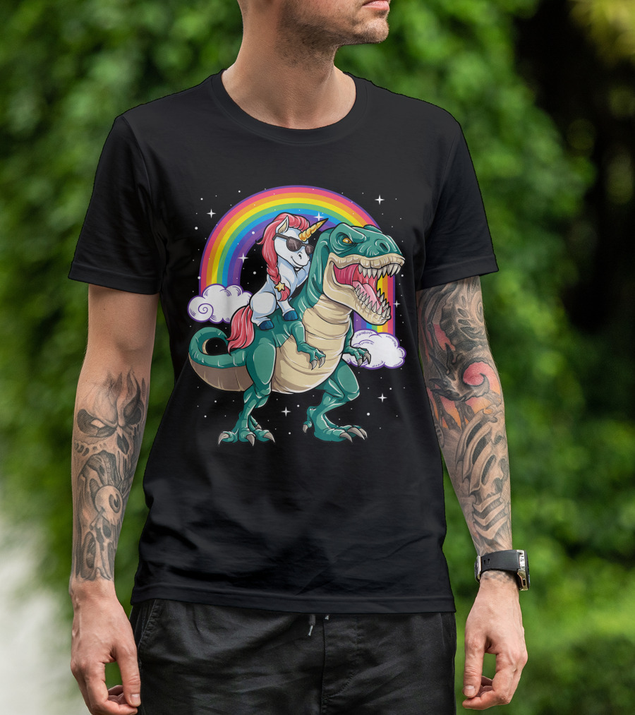 Unicorn Riding Dinosaur Rex With Rainbow And Clouds T-Shirt